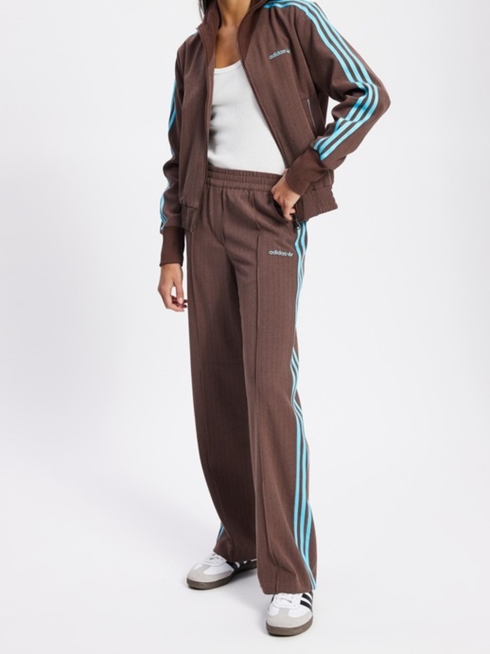 adidas tailored pinstripe Brown Track Pants with Blue Side Stripes NWT sz XS